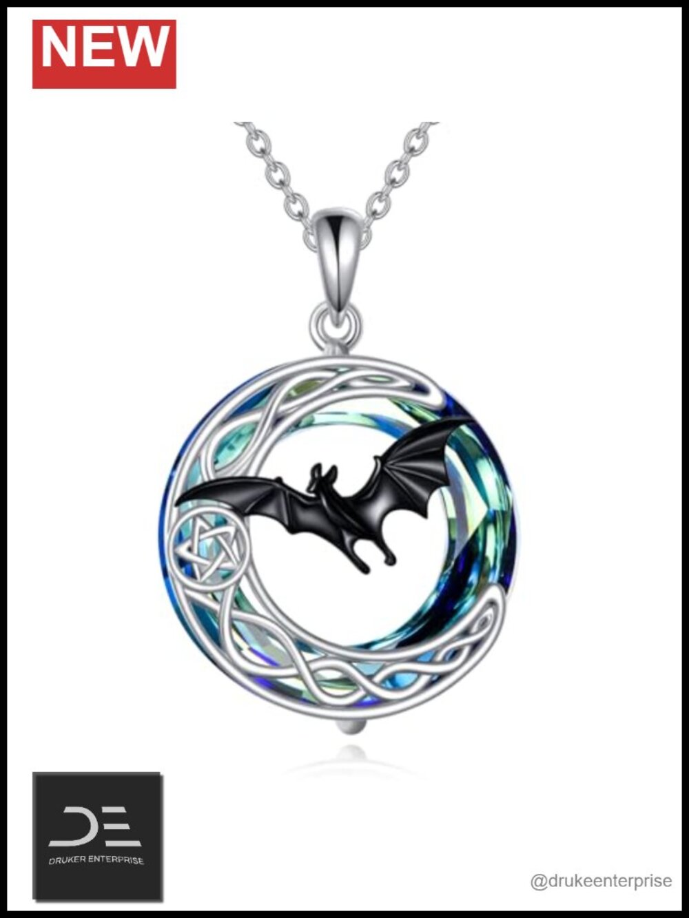 Sterling Silver Crystal Bat Pendant Necklace 18 Inch Adjustable Chain